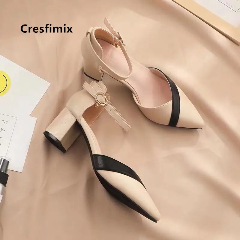 Cresfimix Women Classic Beige Square Heel Shoes for Party Ladies Classic Black Pu Leather Night Club Pumps Sapato Feminino C5762