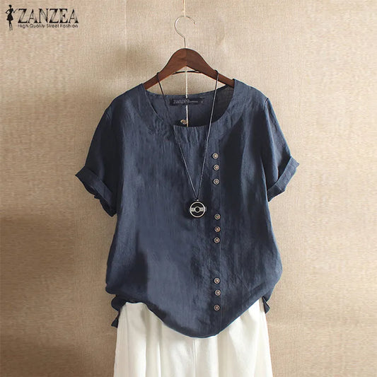 Elegant Cotton Tops Women's Summer Blouse 2023 ZANZEA Casual Long Sleeve Shirts Female O Neck Button Blusas  Tunic