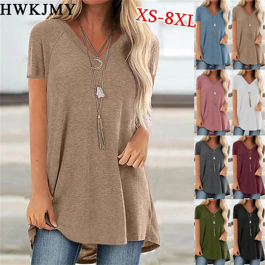 Summer Women's Clothes Casual V-neck Short Sleeves Tops Loose Ladies Cotton T Shirts Tee 8XL