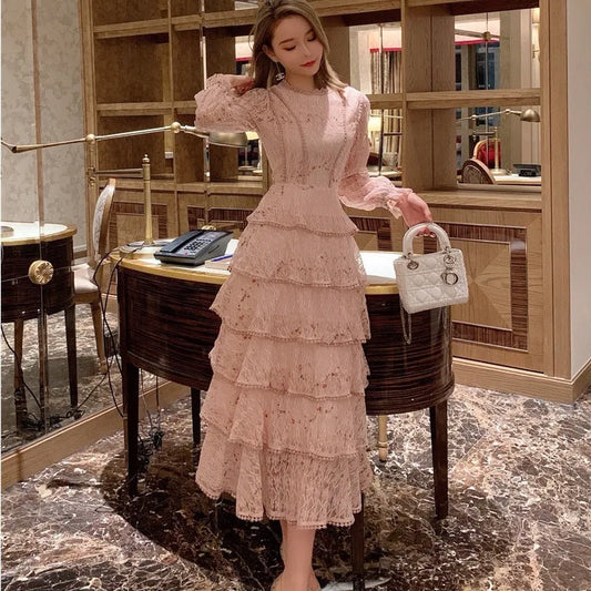 Summer Lace Flower Embroidery Long Cake Dress Women A-Line Long Sleeve Six Layers Ruffles Dress Runway Elegant Party Dress A383