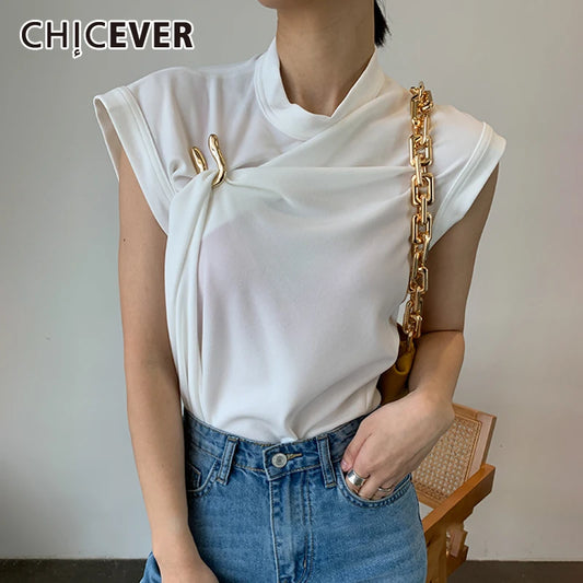 CHICEVER Casual Ruched Women's Tank Tops Stand Collar Sleeveless Irregular Large Size Loose Vests Female 2022 Summer Clothes New