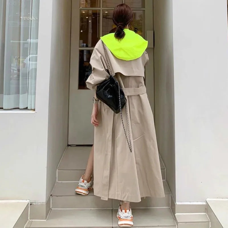 ZCSMLL New Hooded Trench Coat Korean Plus Size Khaki Long Coat for Women Trenchcoat Overcoat Fall Spring Clothes 2022 TM1791