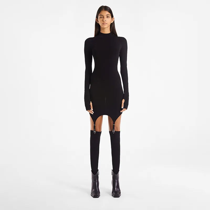 Sexy Women's Dress With Hook Socks Solid Color Long Sleeved Dresses Slim Fit Hip Party Club Party Mini Bodycon Black White Dress