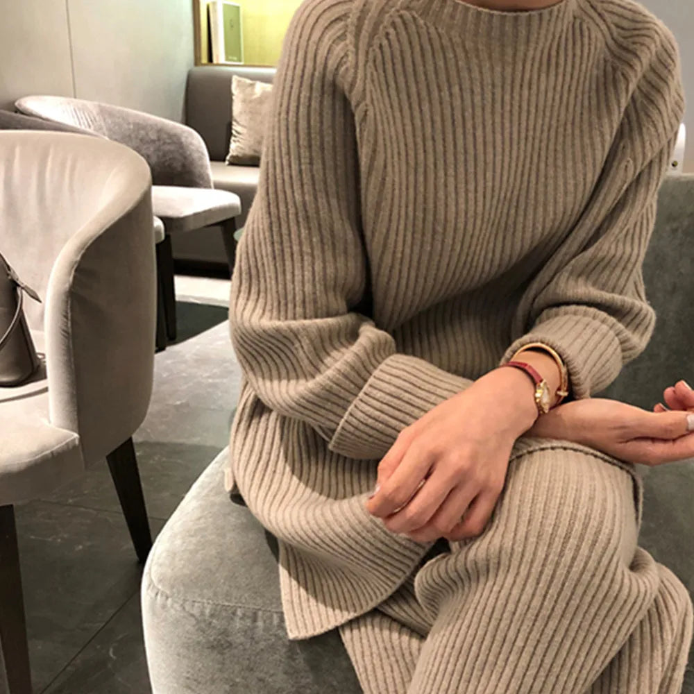 SMTHMA New Fashion Winter Women's Thicken Warm Knitted Pullover Sweater Two-Piece Suits +High Waist Loose Wide Leg Pants Set