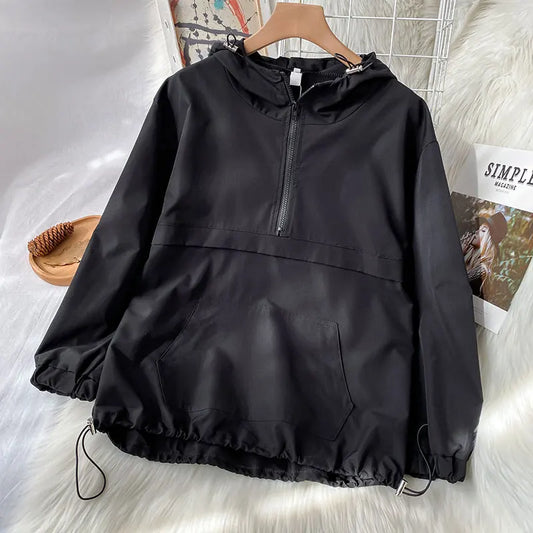 2021 New Spring Clothes Lazy Style Top Women's Black Half Zipper Hooded Sportswear