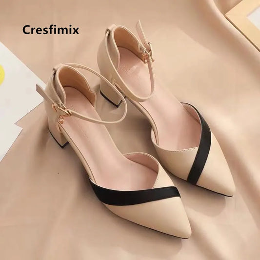 Cresfimix Women Classic Beige Square Heel Shoes for Party Ladies Classic Black Pu Leather Night Club Pumps Sapato Feminino C5762