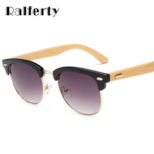 Ralferty Semi-rimless Bamboo Sunglasses Women Men Wooden Temple Gradient Sun Glasses Sport Goggles Shades UV400 Eyewear K1509