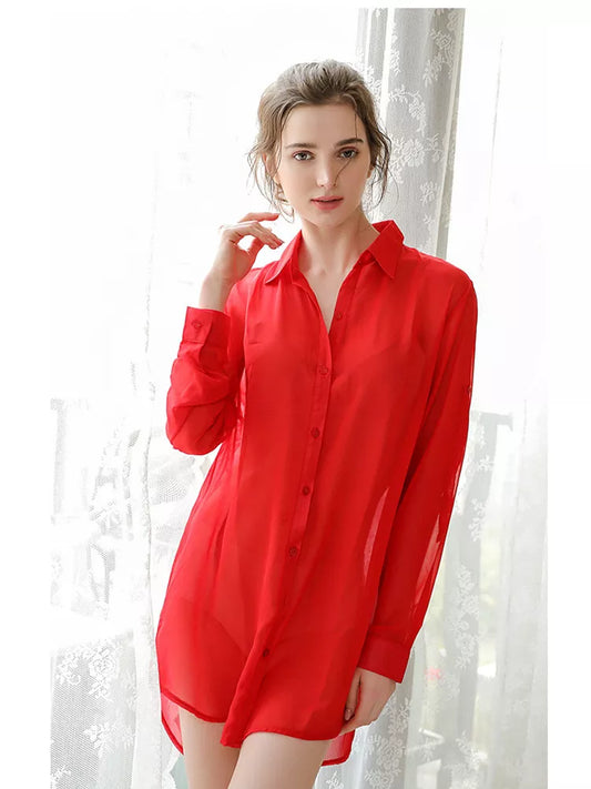 Loose Style Blouse Shirt Pink Sexy Sheer Women Loose Long Tops Chiffon Blouses Boyfriend Style Nightwear Lady Summer Clothes