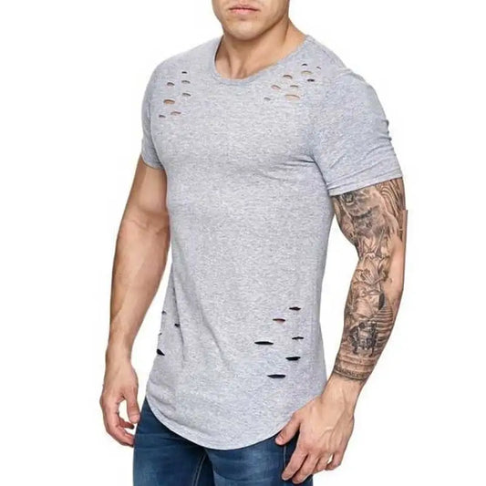 Hole ripped t shirts men short sleeve t-shirt fitness summer clothes men's funny solid tshirt streetwear slim tops tees