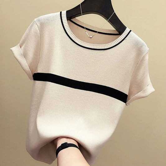 shintimes Thin Knitted T Shirt Women Clothes 2022 Summer Woman Short Sleeve Tees Tops Striped Casual T-Shirt Female Tshirt Femme