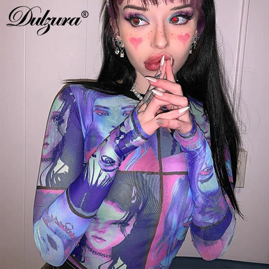 Dulzura mesh sheer women t shirt crop top Anime print long sleeve gloves patchwork bodycon sexy 2020 summer clothes party club