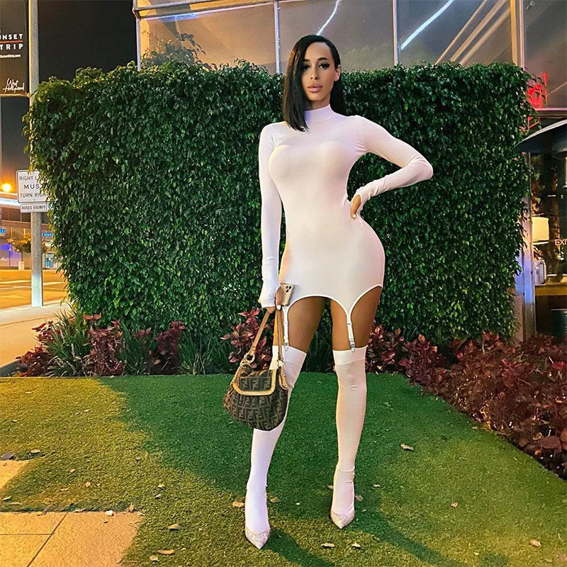 Sexy Women's Dress With Hook Socks Solid Color Long Sleeved Dresses Slim Fit Hip Party Club Party Mini Bodycon Black White Dress