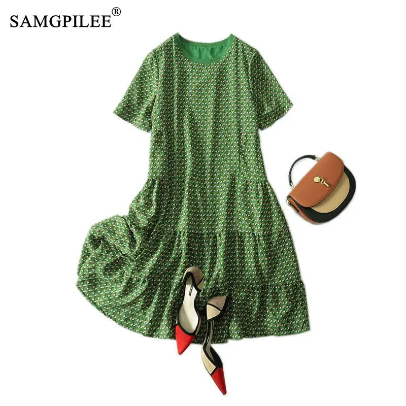 Summer Clothes For Women 2022 New Korean Style Fashion Thin Chiffon With Lining Printed Hem Pleated O Neck Woman Dress