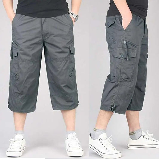 Summer Men's Casual Cotton Cargo Shorts Overalls Long Length Multi Pocket Hot breeches Military Capri Pants Male Cropped Pants