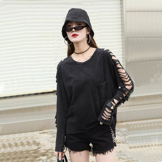 street punk Fashion  women's  hole personality tassel pocket  loose t-shirt female Washing Cotton Women's Clothing Clothes