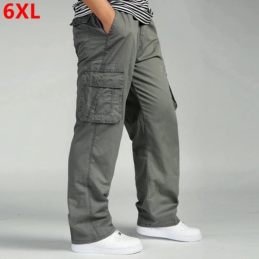 Men's Pants Large size Big 4xl 5xl 6xl Plus Summer Men Elastic Waist Multi Pocket Long Baggy Straight Cargo Jogger Trousers Male