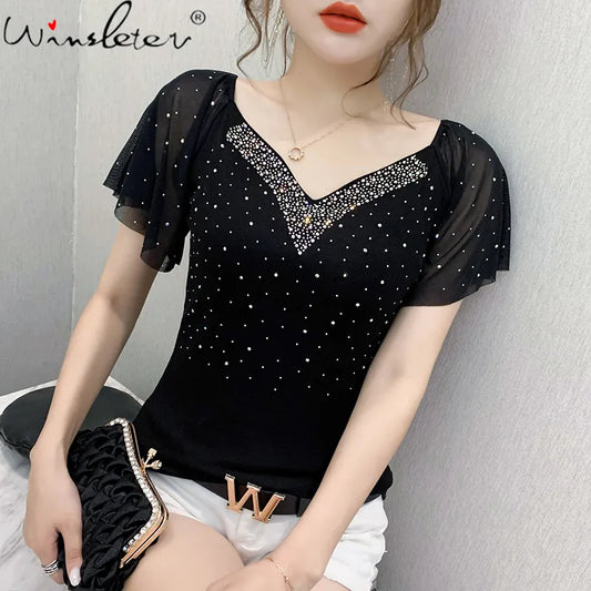 Summer Fashion Korean Clothes T-Shirt Sexy V-Neck Diamonds Cotton Women Tops Ruffled Sleeve Tees All Match 2022 New T07601