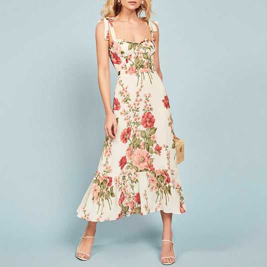 Summer Clothes For Women Boho Floral Print Beach Dress Sweetheart Neck Strap Tie Ruffle Hem Elegant Vintage Chiffon Midi Dress