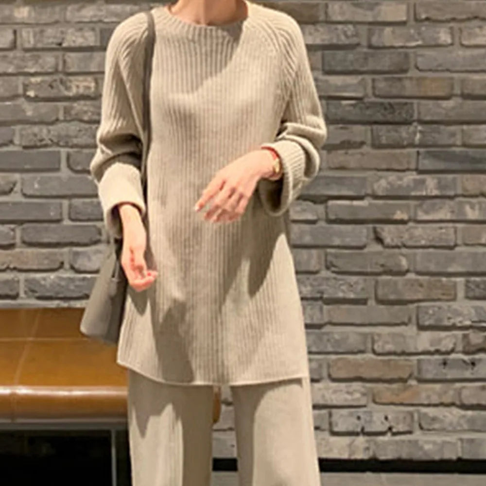 SMTHMA New Fashion Winter Women's Thicken Warm Knitted Pullover Sweater Two-Piece Suits +High Waist Loose Wide Leg Pants Set