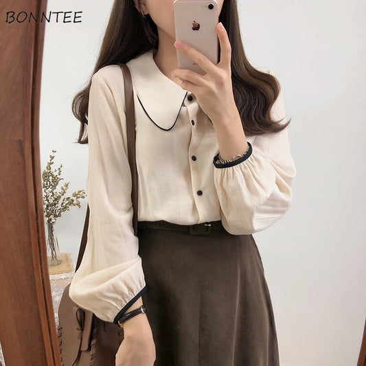 Blouses Women Leisure Spring Clothes Ulzzang Aesthetic Ins Charm Patchwork Peter Pan Collar All-match Chic Design Kawaii Popular