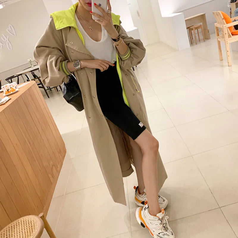 ZCSMLL New Hooded Trench Coat Korean Plus Size Khaki Long Coat for Women Trenchcoat Overcoat Fall Spring Clothes 2022 TM1791