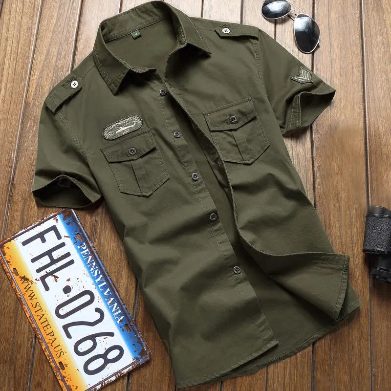 Military Shirt Men Tactics Short sleeve Summer Tops Solid color High quality 100% Cotton Pocket 5XL Plus size Man Clothes
