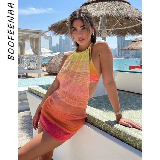 BOOFEENAA Sexy Knitted Tank Dress 2023 Summer Clothes Vacation Club Outfits for Women Open Back Halter Mini Dresses C88-BI12