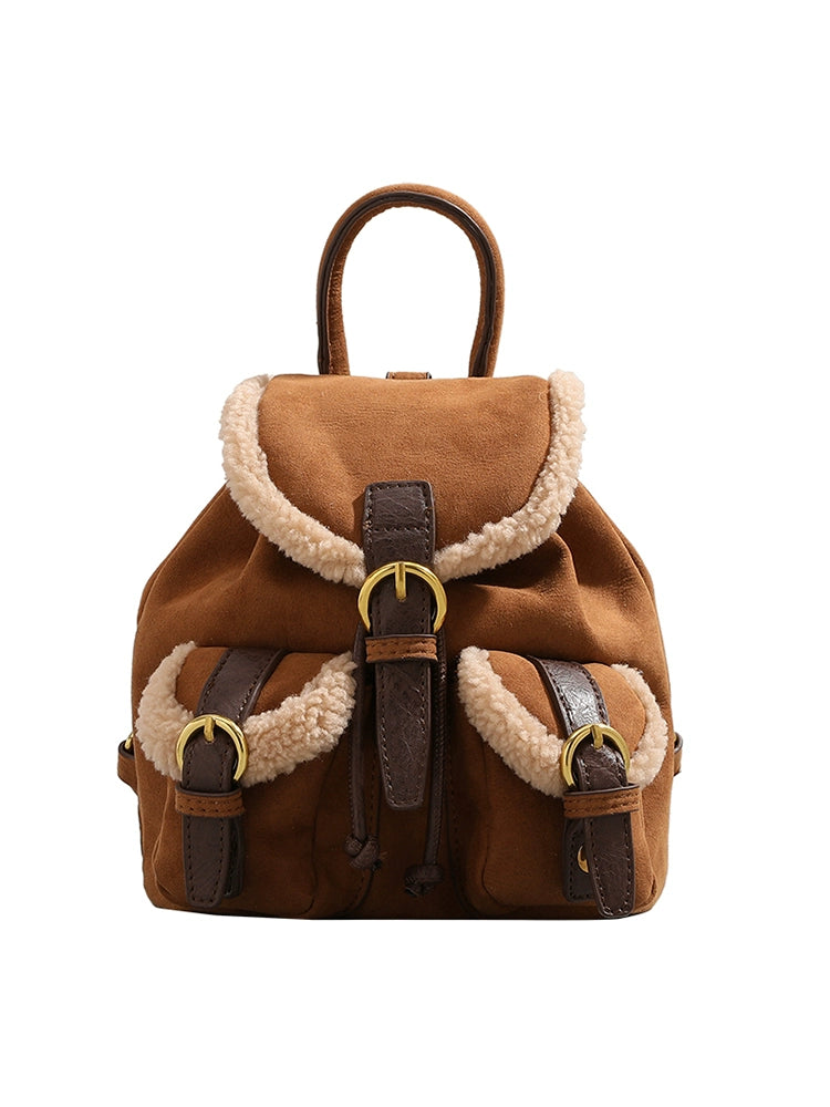 Ur Fancy Lamb Wool Backpack Female 2023 New Arrival Winter Frosted Backpack Student Class Schoolbag Bucket Bag