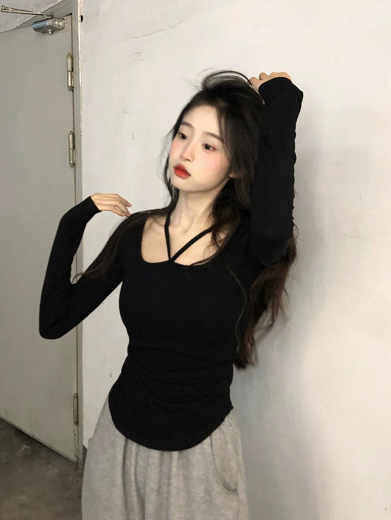 Early Spring Hot Girls Slim-Fit Clavicle Upper Clothes Long Sleeves T-shirt