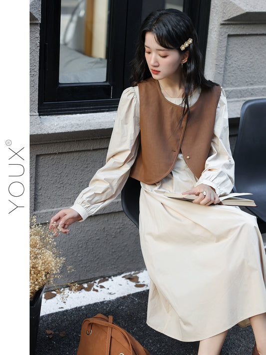 Youx [Border Collie Young Adult] Long Sleeves Dress Women's Autumn Retro Vest round Neck A- line Dress Two-piece Set