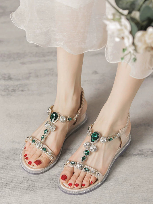 2023 Summer New Wedge Low Heel Rhinestone Roman Style Versatile Fashion Fairy Style Bohemian Women's Sandals