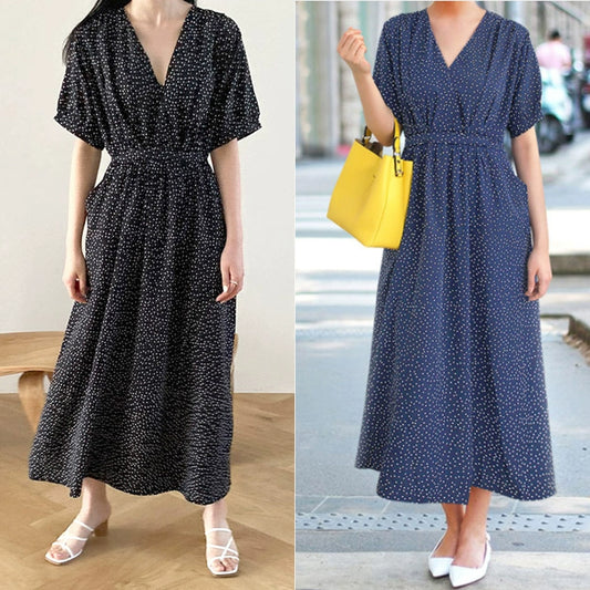 European Station New Summer plus Size Women's Clothes Polka Dot V Neck Short Sleeve Waist Dress Slim Polka Dot Large Swing Dress