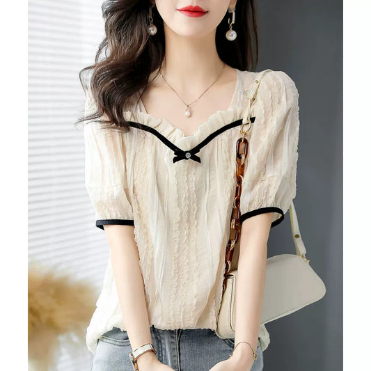 Plus Size 150.00kg Thin Wooden Ear Temperament Shirt Women's Plus Size Ladies Loose Slim Fit Square Collar Younger Short Sleeve T-shirt Top