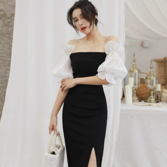 Sexy Goddess-Style Lantern Sleeve off-Shoulder Dinner Formal Dress Spring and Summer Socialite Elegant Sheath Long Dress