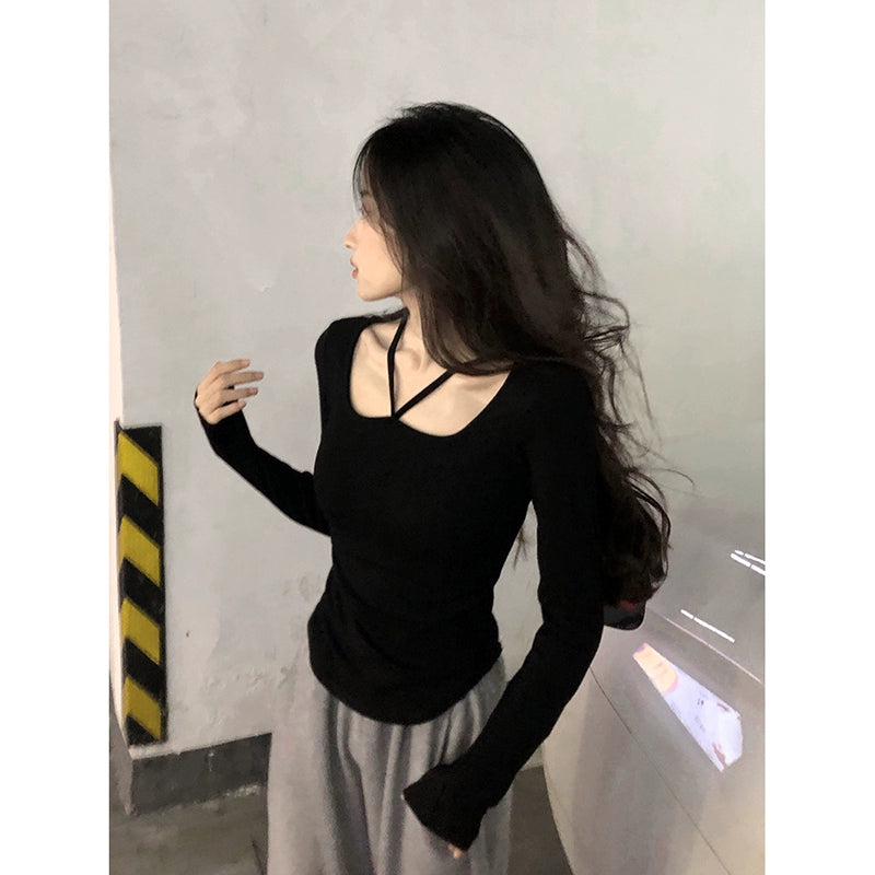 Early Spring Hot Girls Slim-Fit Clavicle Upper Clothes Long Sleeves T-shirt