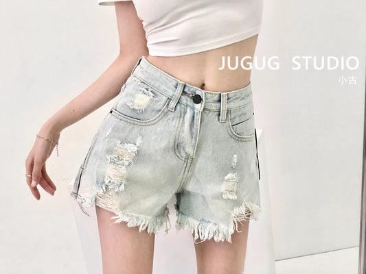 Hot Girls Wear European and American High Waist Light Color Denim Shorts