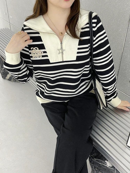 Extra Large Size 150.00kg Plus Size Ladies Embroidered Striped Sweater Coat Autumn Loose Special-Interest Design All-Matching Fat Hiding Top