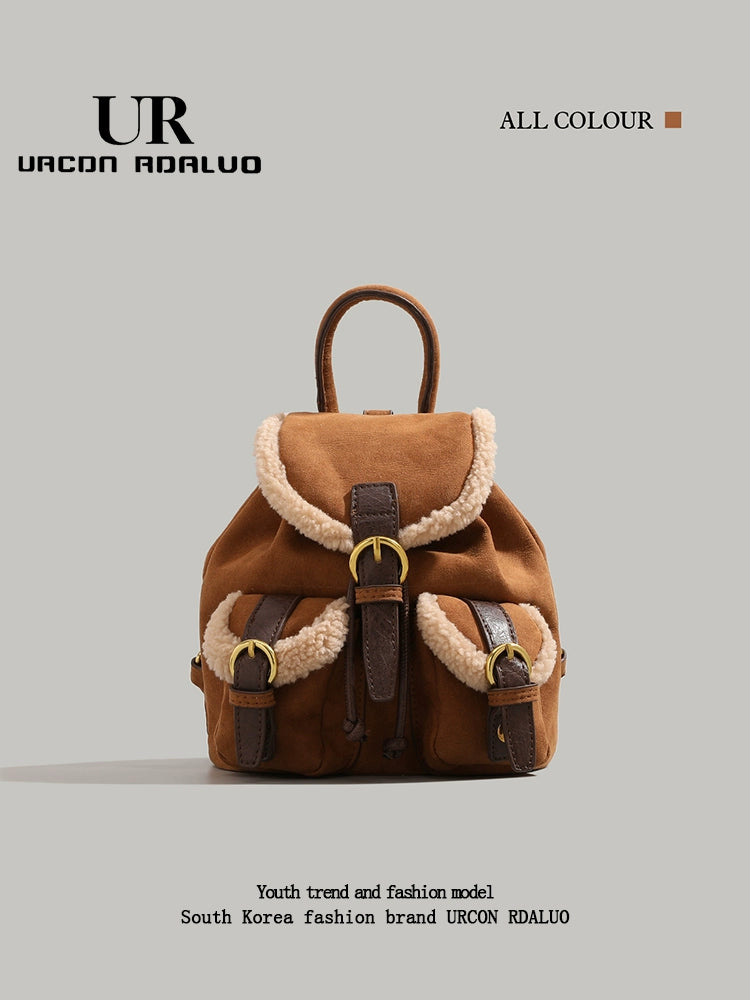 Ur Fancy Lamb Wool Backpack Female 2023 New Arrival Winter Frosted Backpack Student Class Schoolbag Bucket Bag
