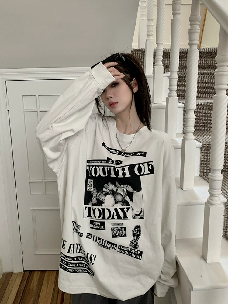 INS Fashion Brand Printing Early Autumn Loose Upper Clothes Long Sleeves T-shirt