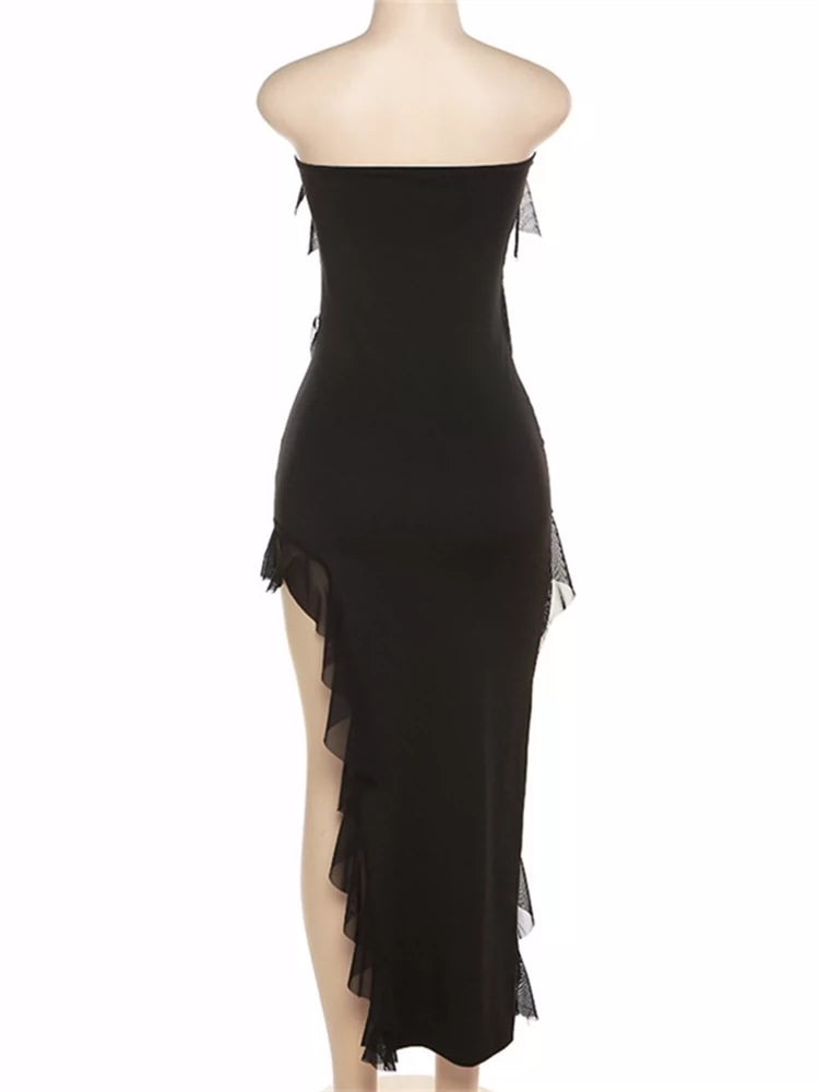 Ahagaga Temperamental Tassels Asymmetrical Oblique Split Sexy Tube Top Long Dress Sexy Open Back off-Shoulder Dress