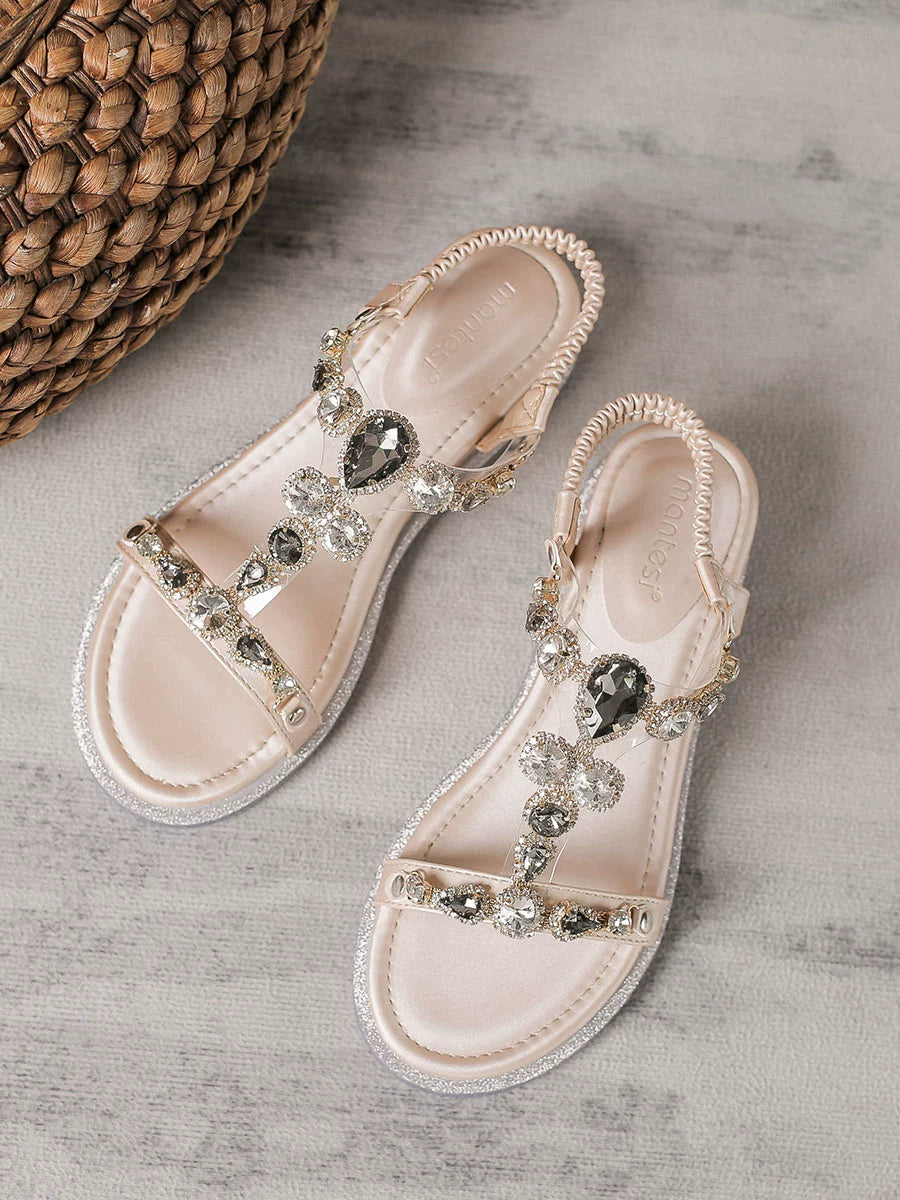 2023 Summer New Wedge Low Heel Rhinestone Roman Style Versatile Fashion Fairy Style Bohemian Women's Sandals