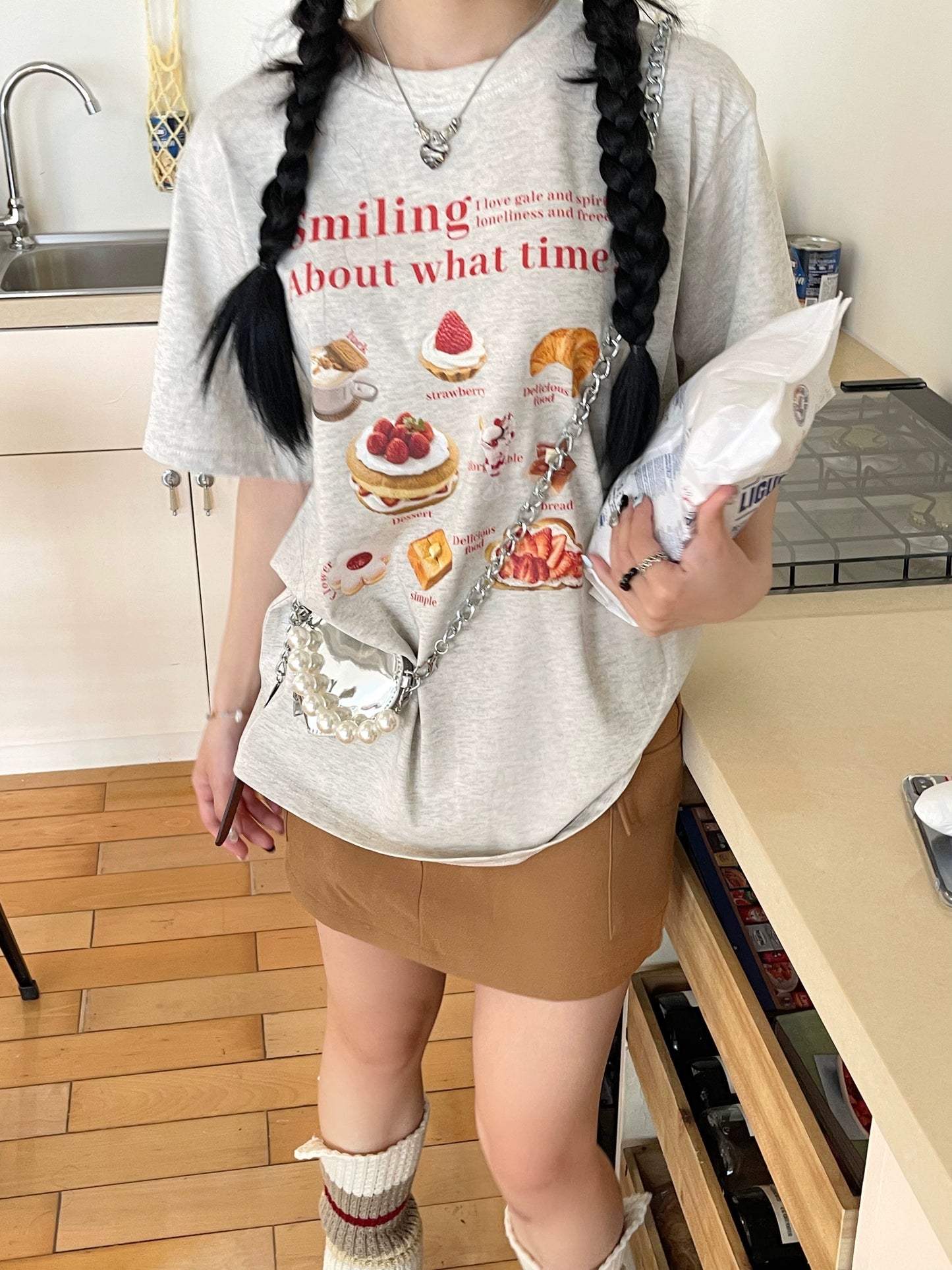 [Re's Sweet Sweet Sweet] Korean Style Ins Summer Atmosphere Cute Strawberry Dessert Print Leisure Short sleeve T-shirt