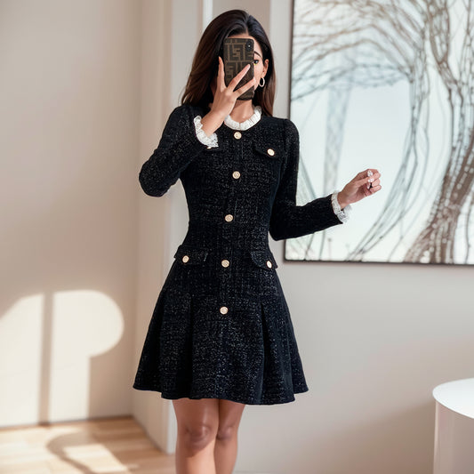 Autumn and Winter Black Gold Chanel Style Long Sleeve Dress