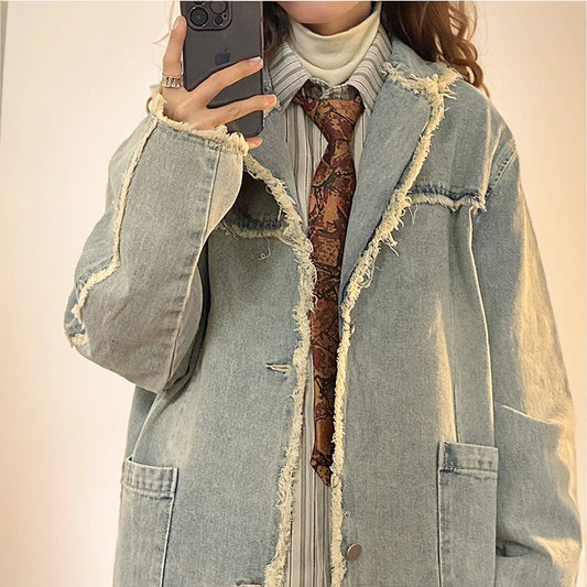 American Fashion Brand Frayed Hem Denim Jacket Women's Spring and Autumn Retro Distressed Loose Slim Looking Lapel Parka Jacket Top