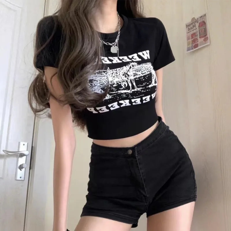 Women's Y2K Clothes letter Print Crop Tops Tees Slim Short Sleeve T-Shirt Sexy Streetwear Tops Aesthetics Tops Short Navel