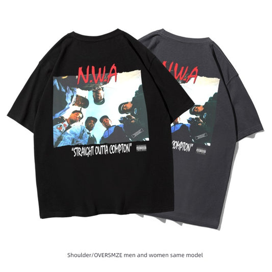 Hip-Hop Amekaji Drop-Shoulder Half-Sleeve NWA T-shirt