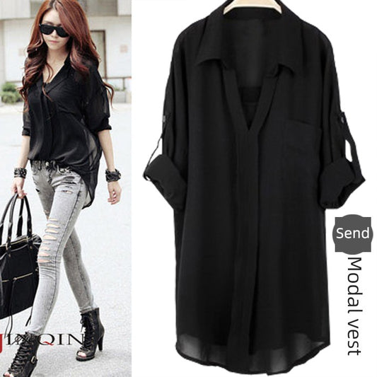 European Station Fall Mid-Length Casual All-Match Chiffon Shirt