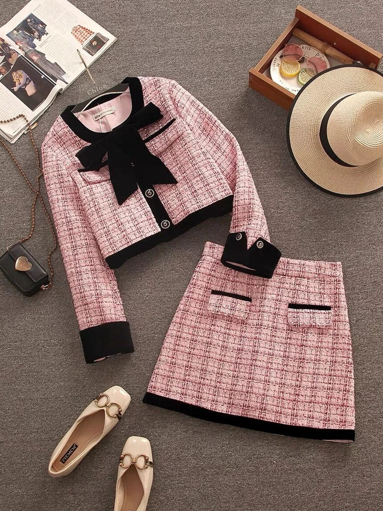 2023 autumn winter Small Fragrance Tweed Two Piece Set Women Short Jacket Coat + Skirt Suits Korean 2 Piece Sets Women Outfit