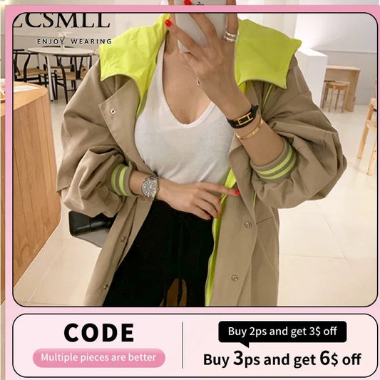 ZCSMLL New Hooded Trench Coat Korean Plus Size Khaki Long Coat for Women Trenchcoat Overcoat Fall Spring Clothes 2022 TM1791