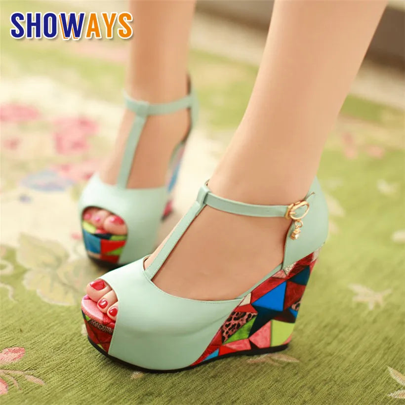 Big Size Women Platform Wedge Sandals Geometric Print High Thick Heels Pink Blue Casual Party T-Strap Lady Summer Peep Toe Shoes